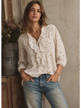 Ralph Lauren Denim & Supply  Cotton Gauze Ruffle Blouse Floral Blue Size Medium